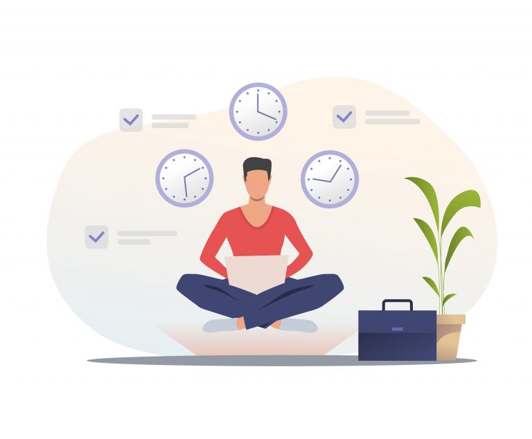 Man in casual clothes using laptop. Freelancer sitting in lotus position, clock, briefcase. Time management concept. Vector illustration for presentation slide template or website design