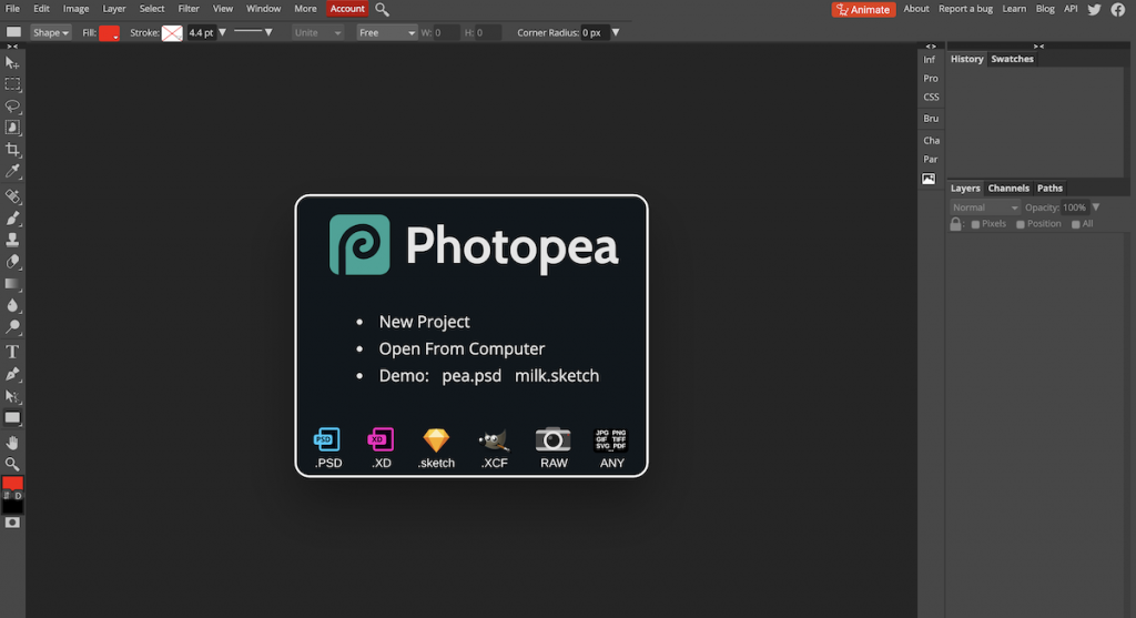 Photopea user interface with tools very similar to Photoshop