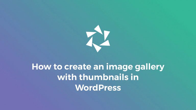 Modula plugin logo and the name of the article (How to create an image gallery with thumbnails in WordPress) over the gradient background with purple and green colors