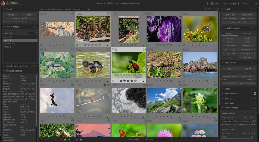 User interface of the free software Darktable